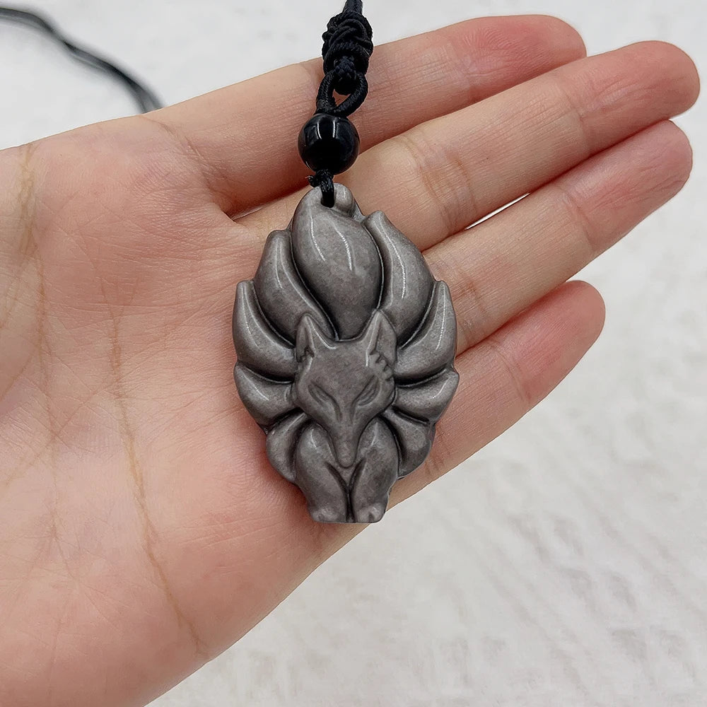 Nine-Tailed Fox Classic Real Black Obsidian Crystal Charm Pendant for Children's Jewelry