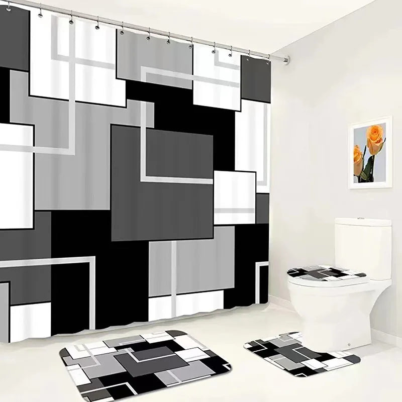 Custom Bathroom Geometric Printed Shower Curtain Set 4 Pcs Shower Curtains with Liner