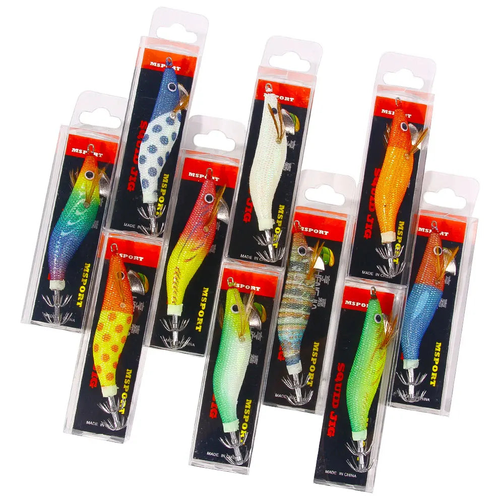 2.2# Luminous 9.3CM 8.5G Squid Jig Hard Bait Fishing Wood Shrimp Lure Squid Jig Lures MegaBDM