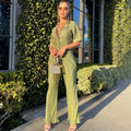 Enyami Summer Green Pleated Fabric Co-ords Short Sleeve Blouse Woman 2 Pieces Trouser Suit Plisse Female Casual Wide Pants Set