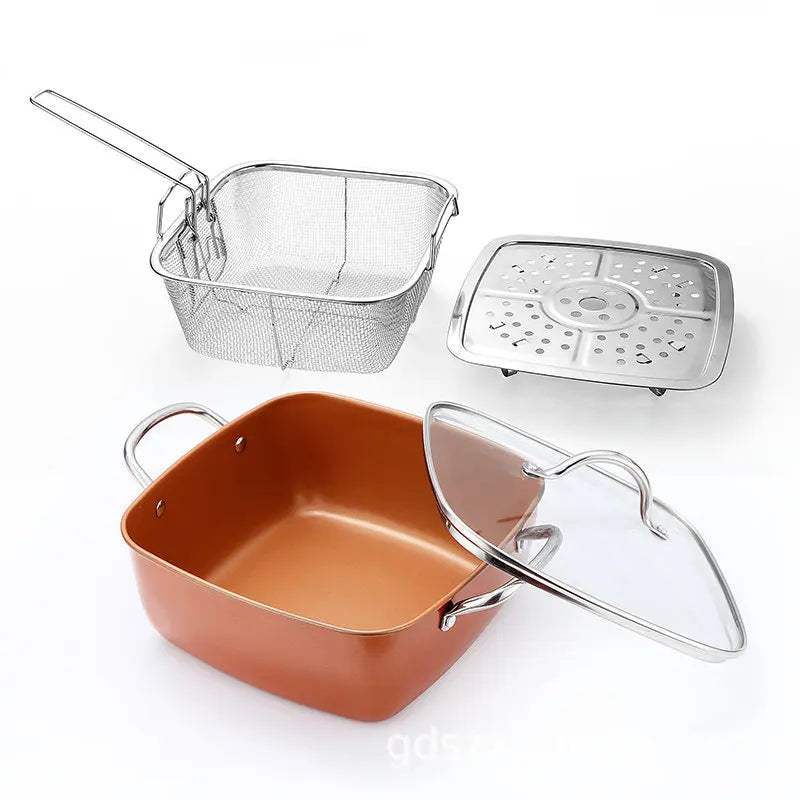 4 Pcs Cookware Set Non Stick Deep Frying Pan Fry Basket Steamer Rack Dishwasher & Oven Safe MegaBDM