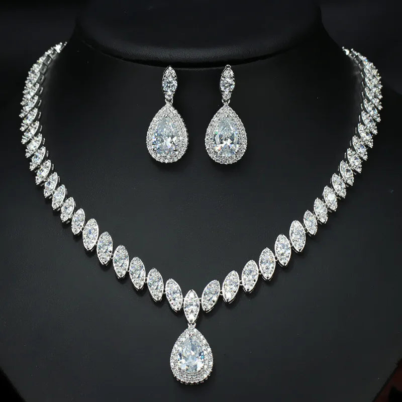 Fashion Luxury 5A Water Drop Gem Stone Zircon Diamond Necklace Earrings Jewelry Set for Wedding Women