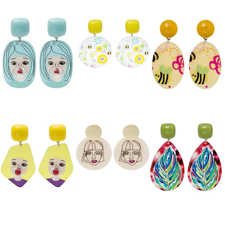 SC Wholesale Irregular Geometric Resin Drop Earrings Teen Girls Japanese Kawaii Graffiti Leaf Flower Portrait Acrylic Earrings