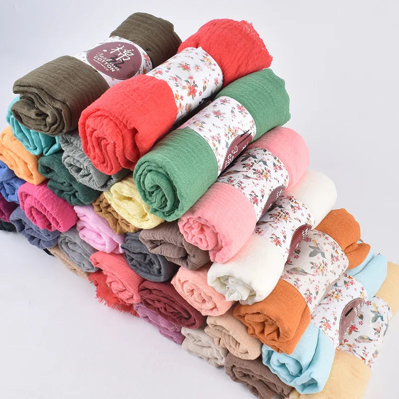 90x180cm Crinkle Cotton-Like Polyester Scarf Solid Color Long Shawl with Short Tassels Lightweight All-Season Wrap for Women