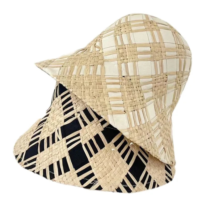 Women Sun Hats Wide Brim Grid Raffia Straw Woven Summer Beach Hat Foldable Packable Hats for Women Travel Outdoor