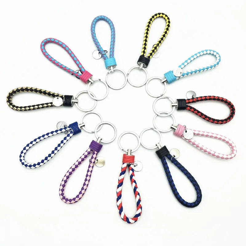 Wholesale Men's Luxury Color Leather Eco-Friendly Foldable Metal Car Keychains with Custom Logo Braided Rope Double Loop Design