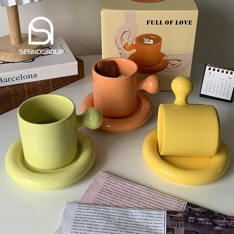 Unique Design Ceramic Coffee Cup Cute Macaron Ceramic Mug With Round Shape Ball Handle and Saucer