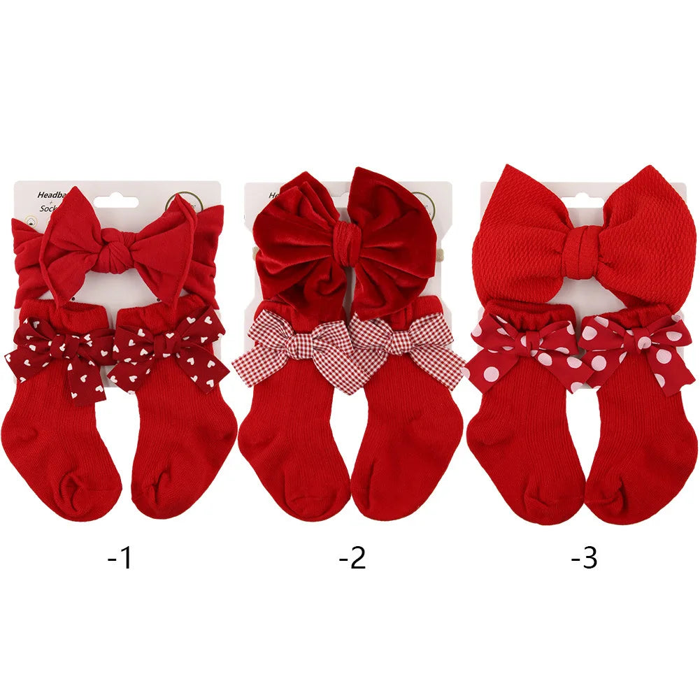 Korean Version Ins Style Full Moon Hundred Days Photo Red Bow Headband Socks Set Babies Christmas Children's Crew Knitted