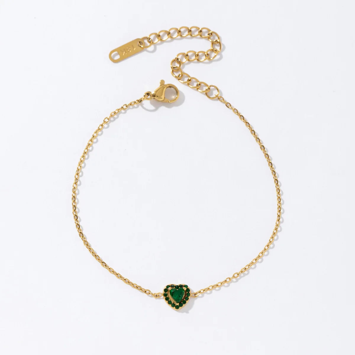 2025 Latest Stainless Steel 18K Gold Plated Emerald Green Cubic Zircon Heart Pendant Link Chain Women Bracelet