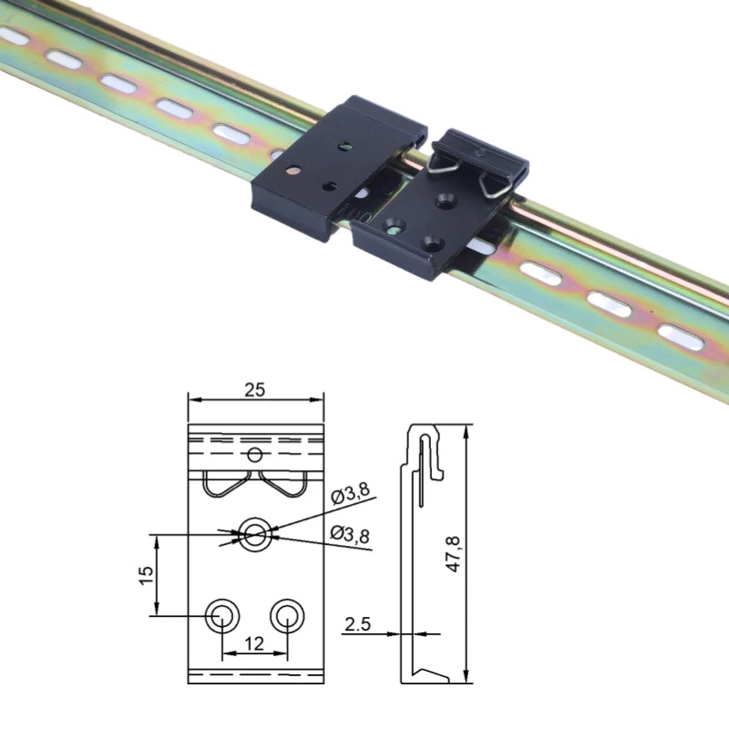 Black 35mm Metric DIN Rail Mounting Snap Hook Aluminum Alloy 25mm Triangular Clasp Bracket 3 Holes Horizontal 12 Vertical 15 1