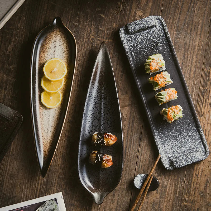 Creative Japanese Style Ceramic Household Fish Dish Creative Blue and Green Glaze Leaf Shaped Sushi Plate for Restaurant