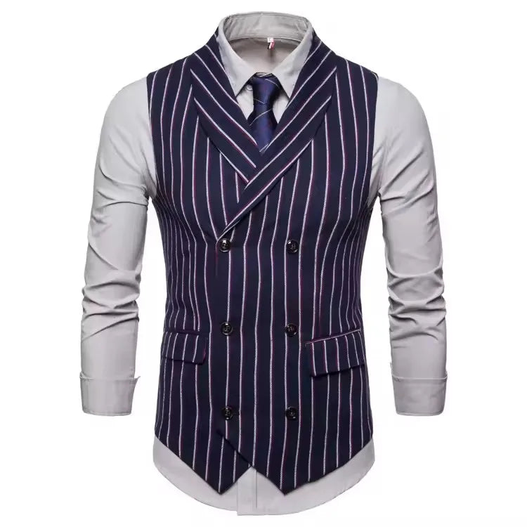 Mens Waistcoat Stripe Plaid Formal Suit Vest Men Fashion Casual Double Breasted Sleeveless Gilet Male Business Formal Dress Vest