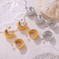 Vintage Stainless Steel Texture Charm Jewelry Accessories Water Resistant C-shaped Curved Widen Chunky Stripe Stud Hoop Earrings