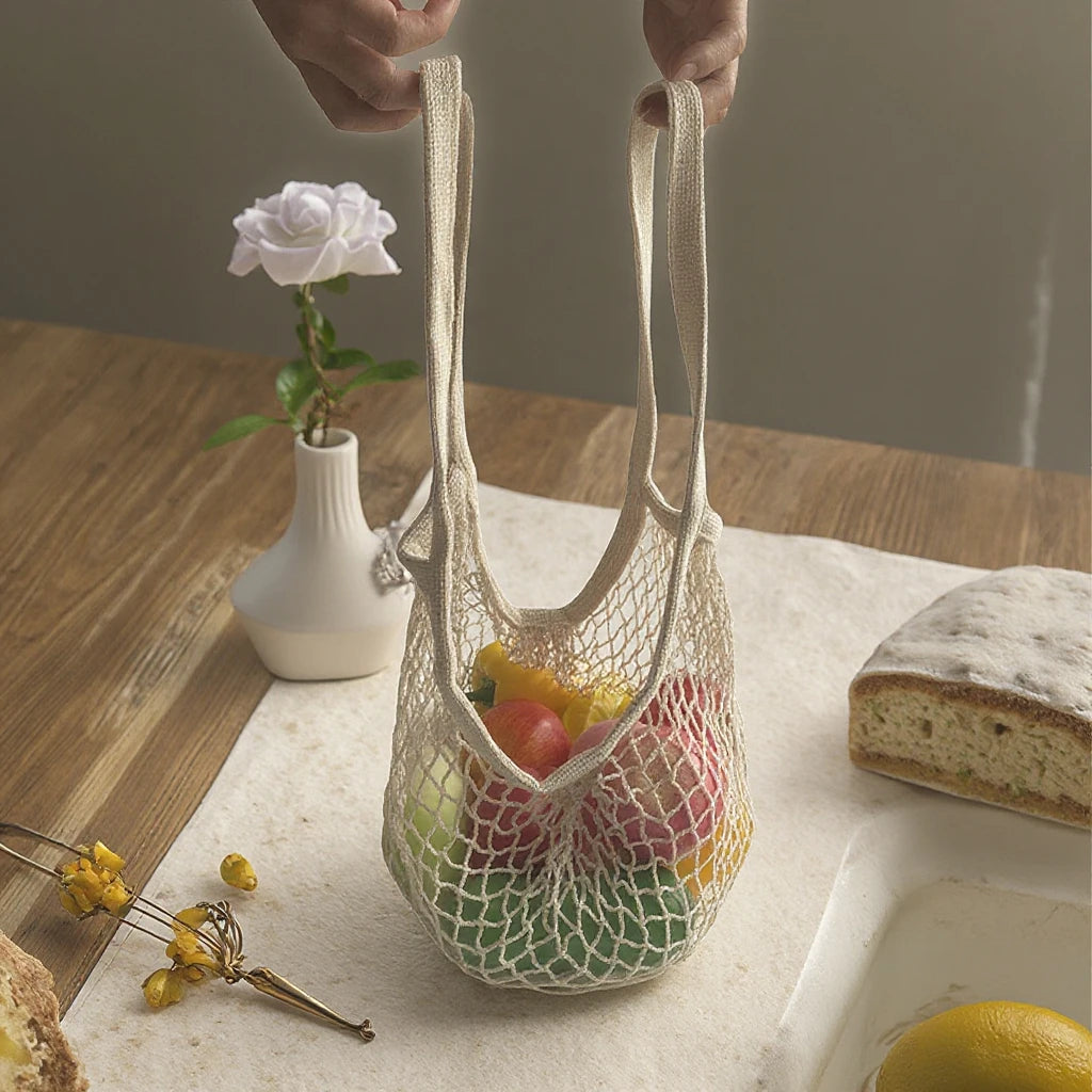 100% Cotton Mesh Bread Storage Bags Eco-friendly Reusable Net Bakery Bags With Long Handle