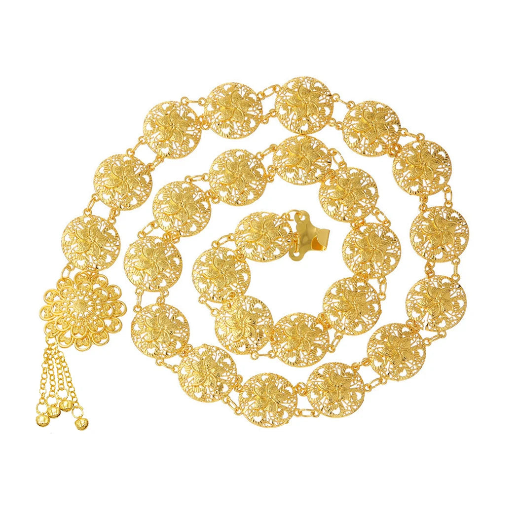 Flower Gold Silver Bell Tassel Dance Waist Chain Ethnic Style Hollow Out Women Body Belly Chain