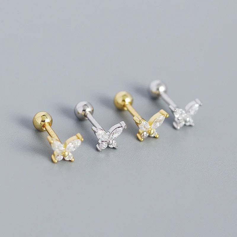 White Zircon Jewelry Butterfly Flower 18K Gold Dainty 925 Sterling Silver Stud Earrings Screw Back
