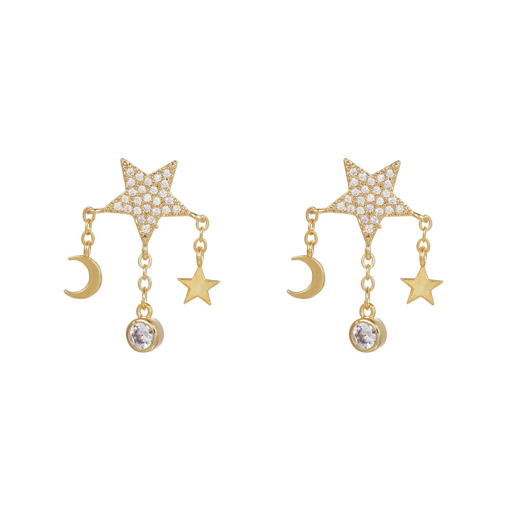 Zuola Trendy Eco-friendly Brass 18K Gold Plated Drop Earring Star Moon Pendant Shiny Zircon 925 Silver Fashion Earring for Women