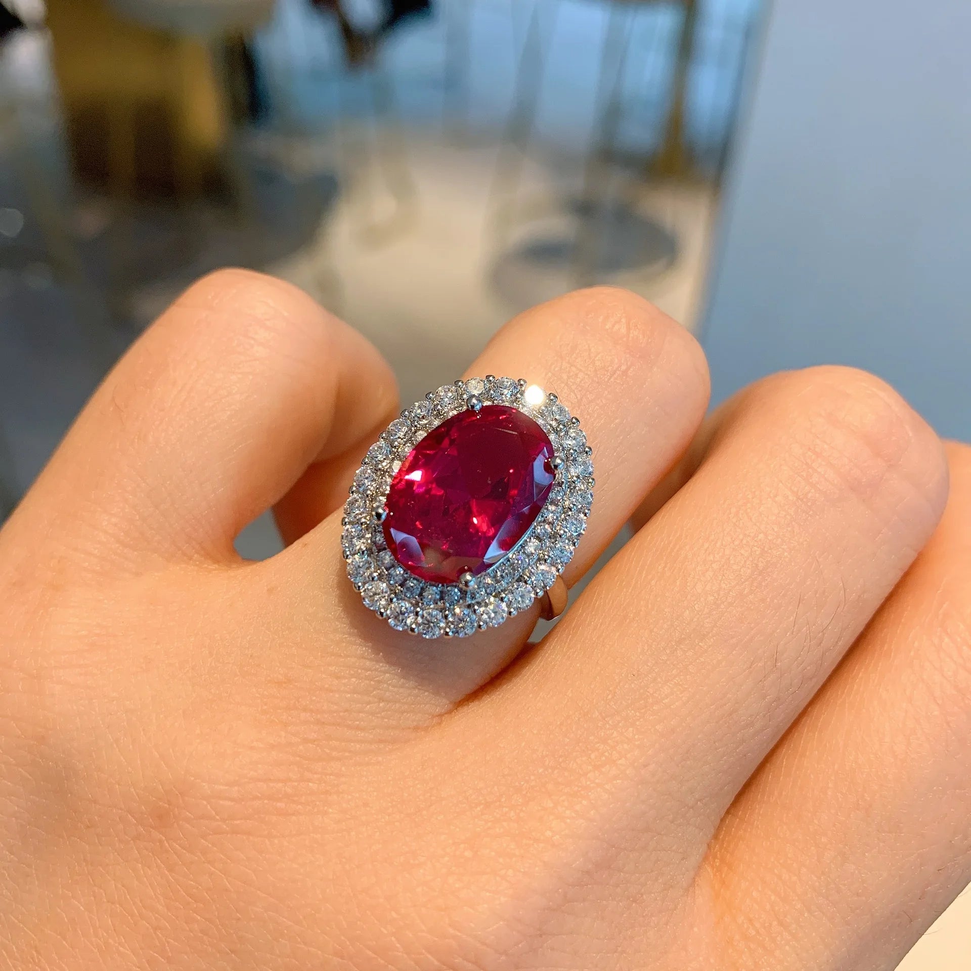 ZooYing Luxury Dazzling Crystal White Zircon Women's Jewelry Gift Royal Vintage Oval Pigeon Blood Eternity Ring Necklace Earring
