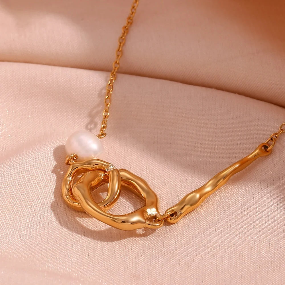 Vintage Jewelry Circle Cross Pearl Necklace 18k Gold Plated Stainless Steel Jewelry