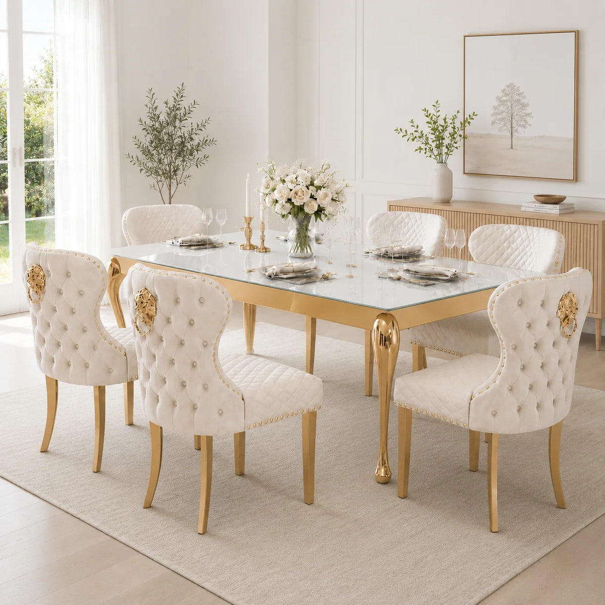 Large Seat Button Tufted Velvet Lion Knocker Back Modern Luxury Gold Stainless Steel Legs Dining Room Furniture Dinner Chair