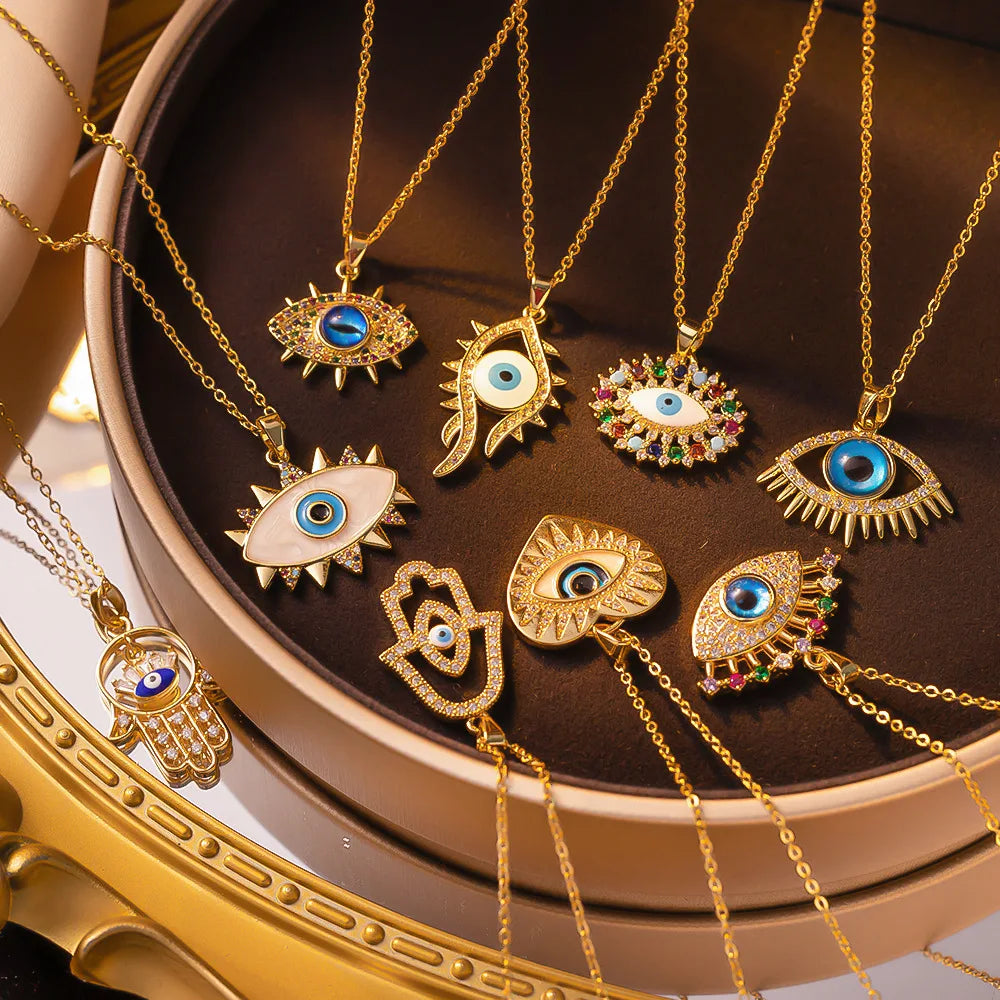 Handmade Gold Chain Necklace with Turquoise Eye Pendant Zircon Amulet Jewelry for Weddings Trendy Style Perfect Gift