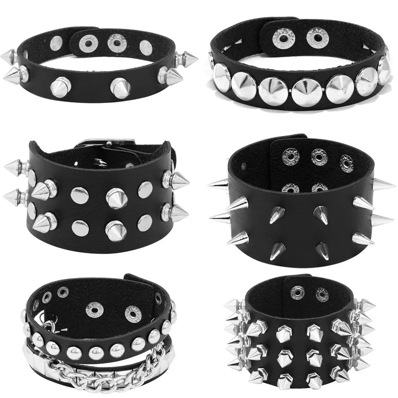 Unisex Spike Cuff Bracelets Wholesale Punk Rock Men's Leather Jewelry for Weddings and Parties 6 PCS for Gifts