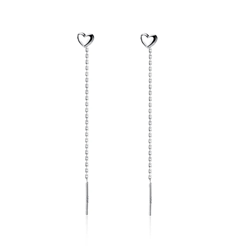 Personalize Simple Lightweight Long Love Heart Chain Threader Earrings for Women Teen 925 Sterling Silver Ear Wire