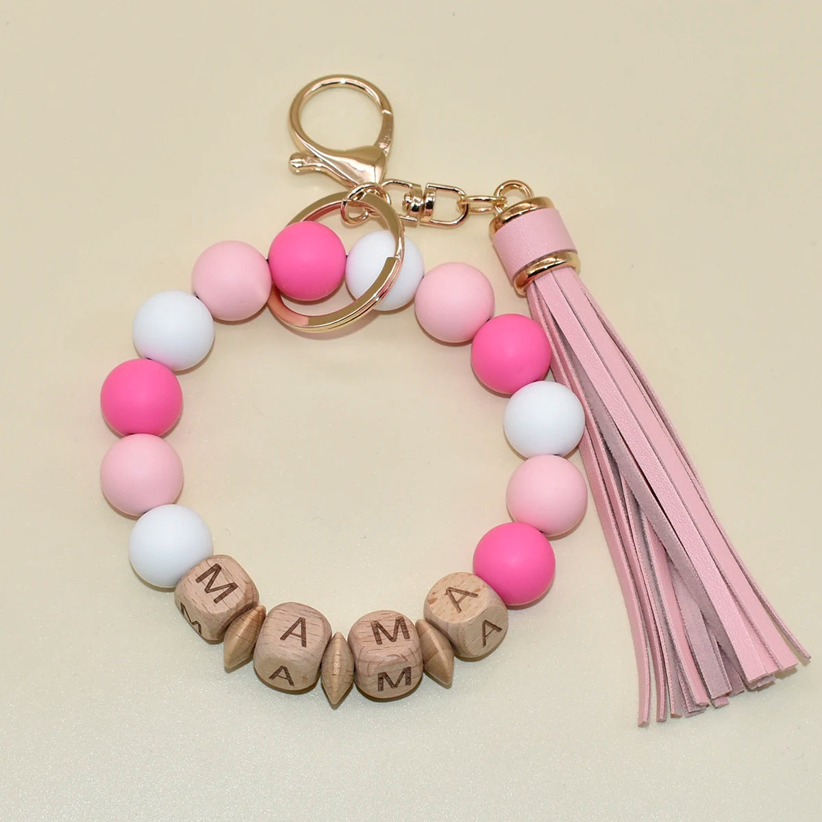 Custom Leather Tassel Wristlet Bracelet Keyring Colorful Silicone Beads Wooden Letter MAMA Bracelet Keychain for Mother Gifts