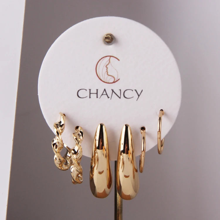 3 Pairs/Set Wholesale Brass Statement Earring Set Chunky Stud 16K Gold Plated Women Hoop Earrings