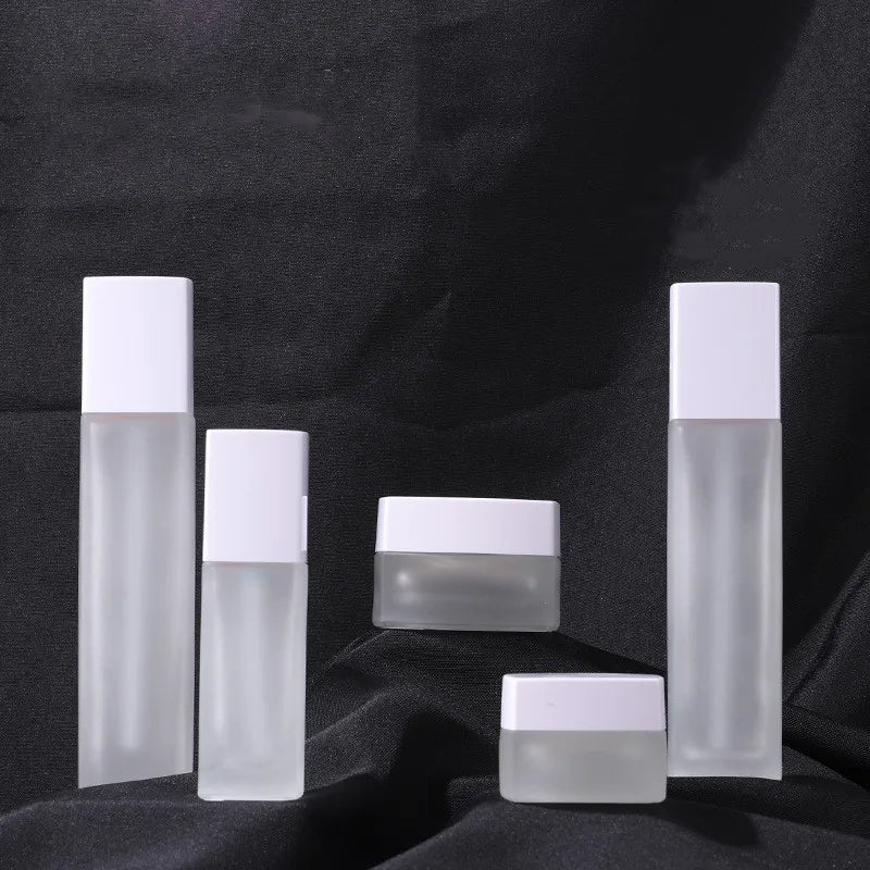 Custom logo 20g 50g 40ml 100ml 120ml Frosted White square Glass Bottle and Jar with White Cap Cosmetic Package Container