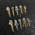 Gold Big Diamond butterfly Alloy Charm Handmade 3D Acrylic Luxury Full Cover Long Stiletto Fake Gel Wear Press on Nails
