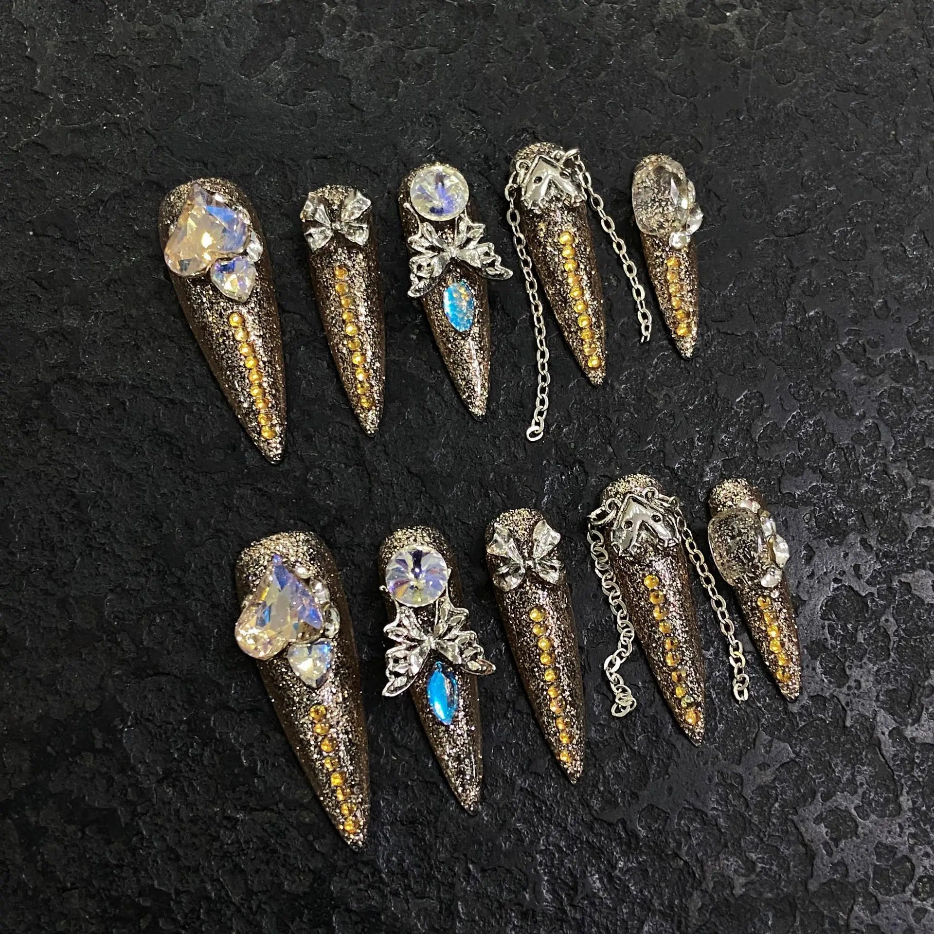 Gold Big Diamond butterfly Alloy Charm Handmade 3D Acrylic Luxury Full Cover Long Stiletto Fake Gel Wear Press on Nails