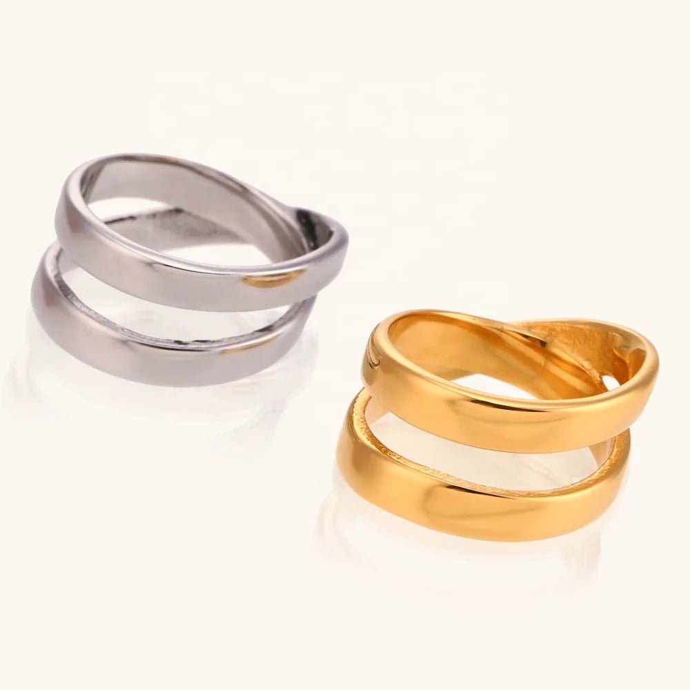 Dingran MInimalist Jewelry Double Layer Cross Rings PVD Gold Plated Stainless Steel Fashion Ring Accessories
