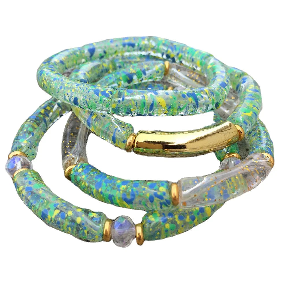2025 Jewelry Trends Bohemia Transparent Gold Foil Retro Tube Beads Stackable Acrylic Speckled Bamboo Bracelets