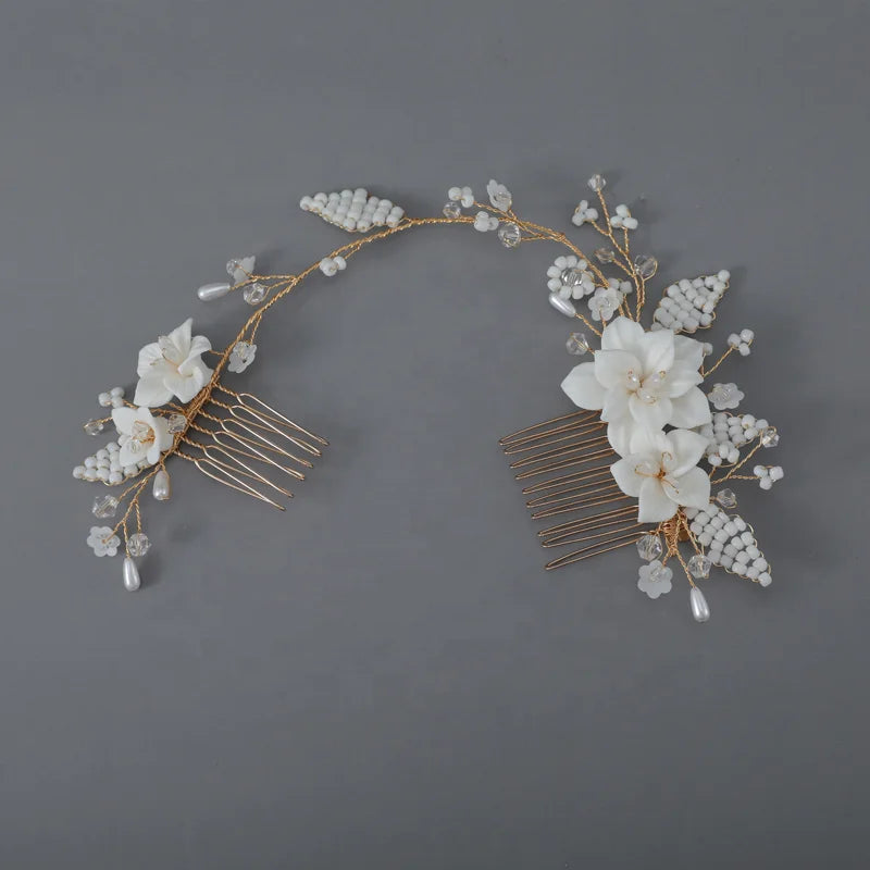 Fashion Handmade Wedding Hair Accessories Ceramic Flower Crystal Headpiece Bridal Hair Comb Jewelry