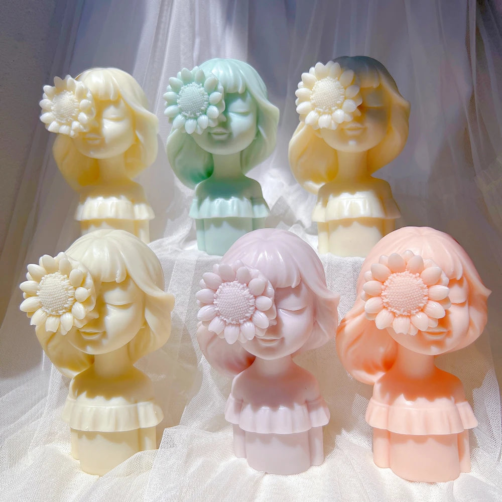 Modern Home Desk Decor Statue Silicone Mold Nordic Flower Lady Sculpture Wax Mould Female Figure Art Sunflower Girl Candle Molds