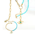 Plated 18k Gold Stainless Steel Jewelry Sets Lake Blue Beads Patchwork Chain Stainless Steel Necklace Eyes Pendant Bracelet
