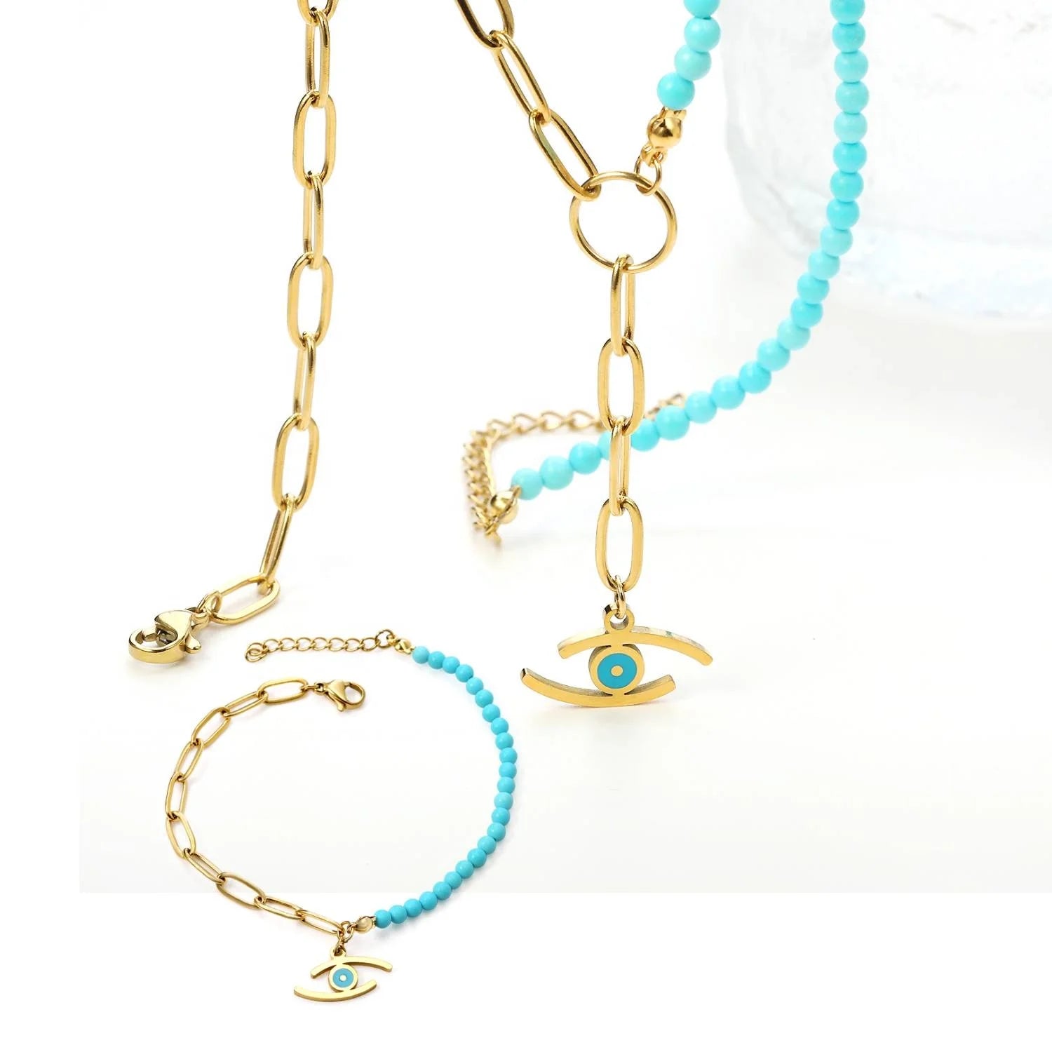 Plated 18k Gold Stainless Steel Jewelry Sets Lake Blue Beads Patchwork Chain Stainless Steel Necklace Eyes Pendant Bracelet