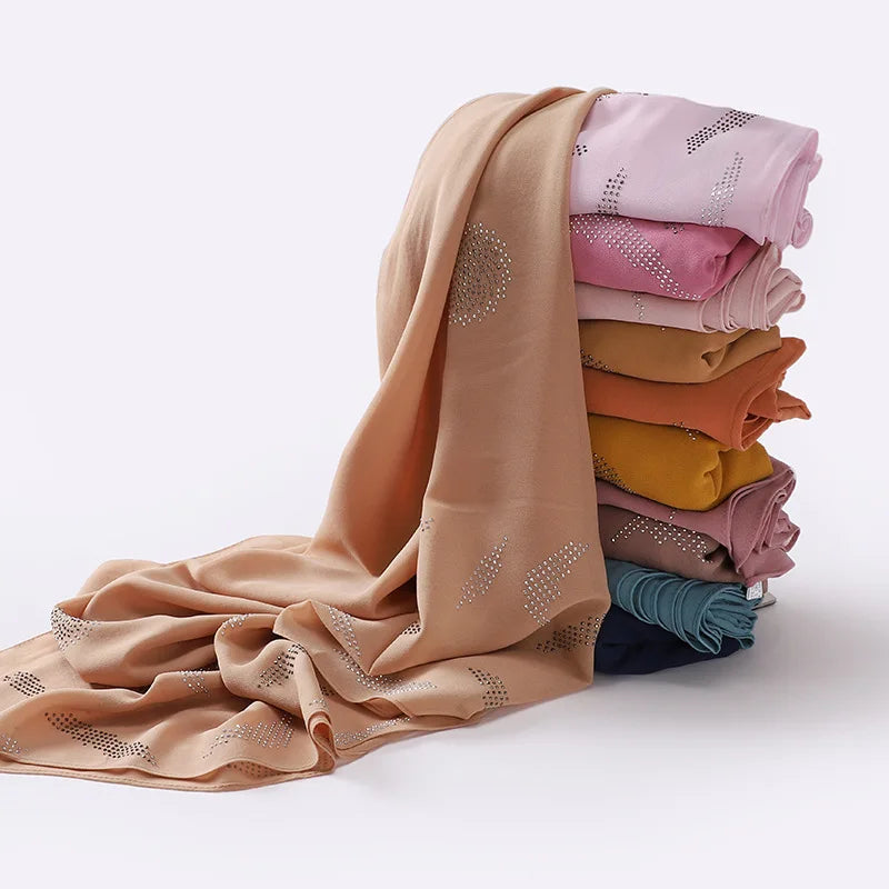 Shiny Hijab Scarf for Muslim Women Luxury Rhinestone Head Scarfs Ladies Hijabs Accessories Chiffon Plain Shawls and Wraps Custom