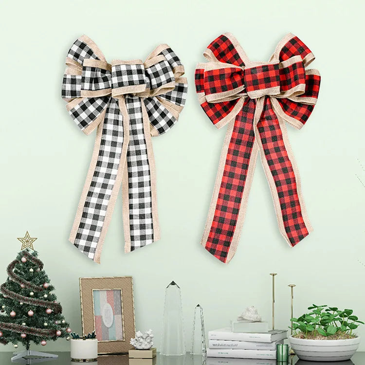 Factory Price Christmas Tree Printed Bow Ornaments 40x23cm Xmas Glitter Ribbon Bow New Year Christmas Wall Decorations
