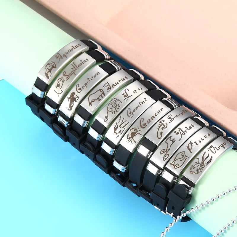 Wholesale Custom 12 Constellations Adjustable Zodiac Silicone Wristband Stainless Steel PU Leather Mens Wrist Straps Bracelet