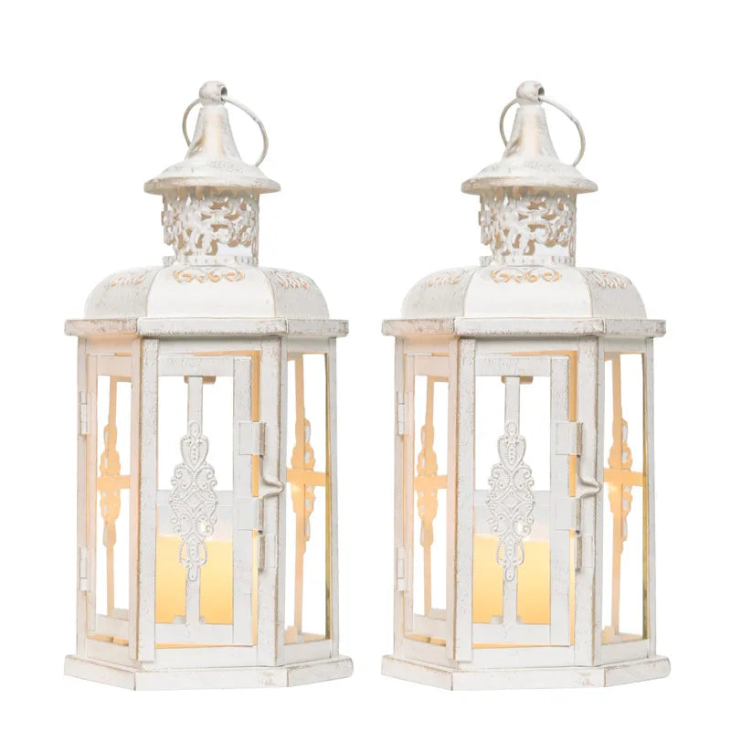 RTS US Stocks Set of 2 Decorative White Metal Glass Wedding Candle Lanterns Vintage Moroccan Style Hanging Lantern Candle Holder