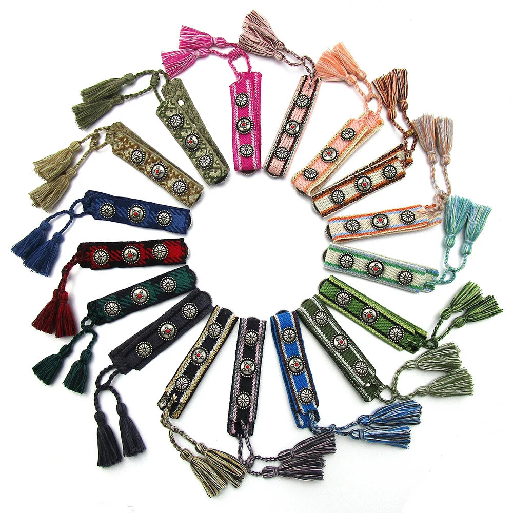 20 Pieces 22 Colors Handmade Embroidery Rivet Bracelet Adjustable Vintage Friendship Wristband Girls Braided Bangle with Tassel