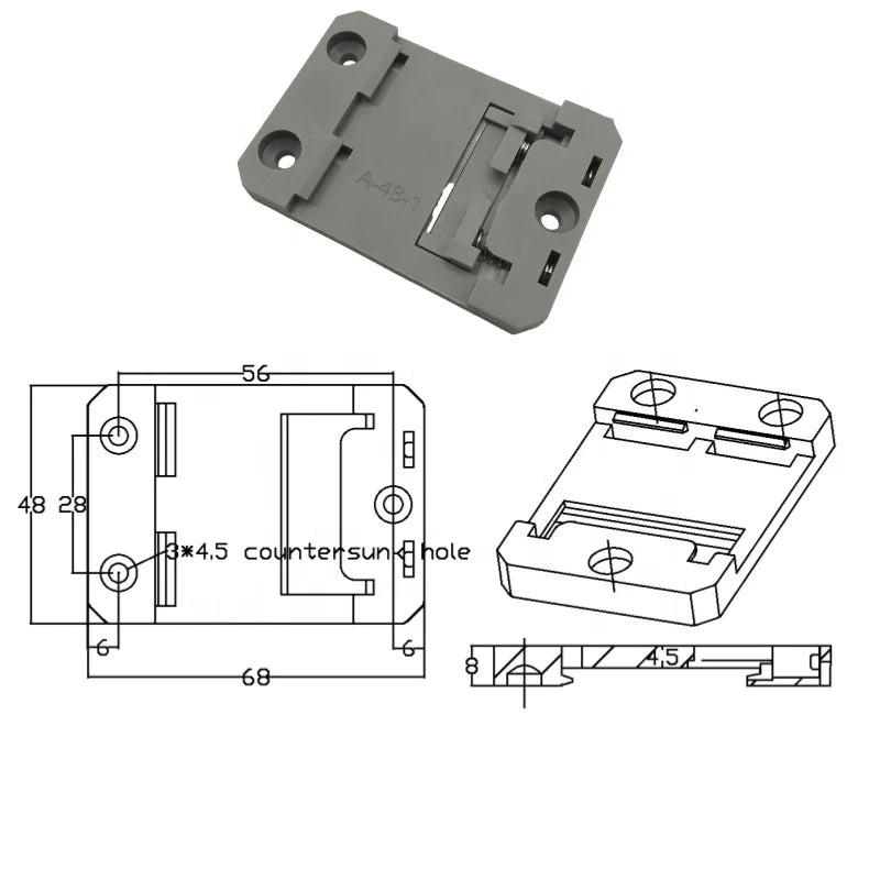 Grey Plastic C-shaped and U-shaped Guide Rail Installation Buckle with Snap Hook Din Rail Clip 48mm Wide 3 Holes