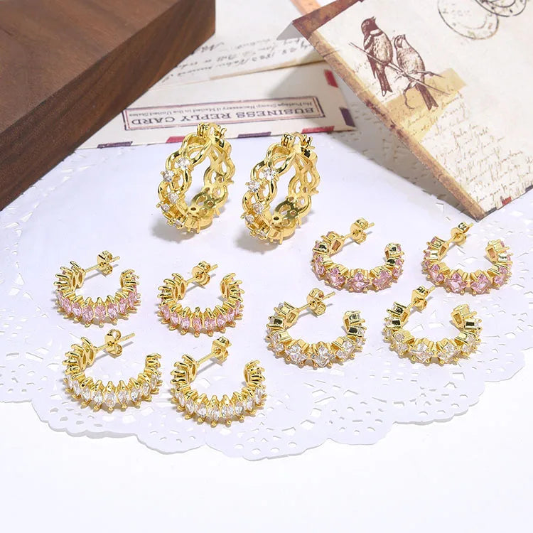 EC1926  Thick 18K Gold Plated Pink DIamond Crystal CZ Zircon Marquise Rhombus Huggie Hoops Earrings for Women Ladies
