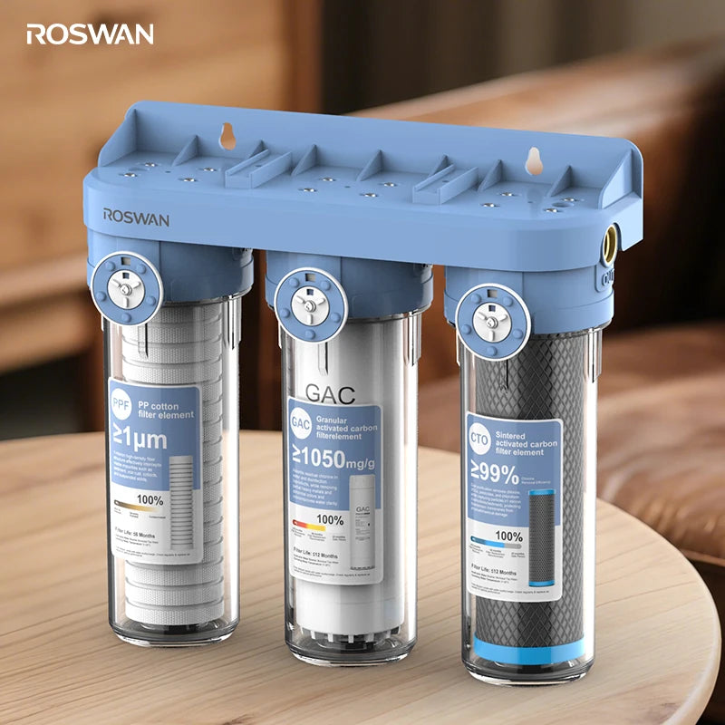 OEM 10 Inch 3-Stage Transparent Water Filter PP GAC Carbon CTO Block 1 Micron Under Sink Point of Use Kitchen for Home