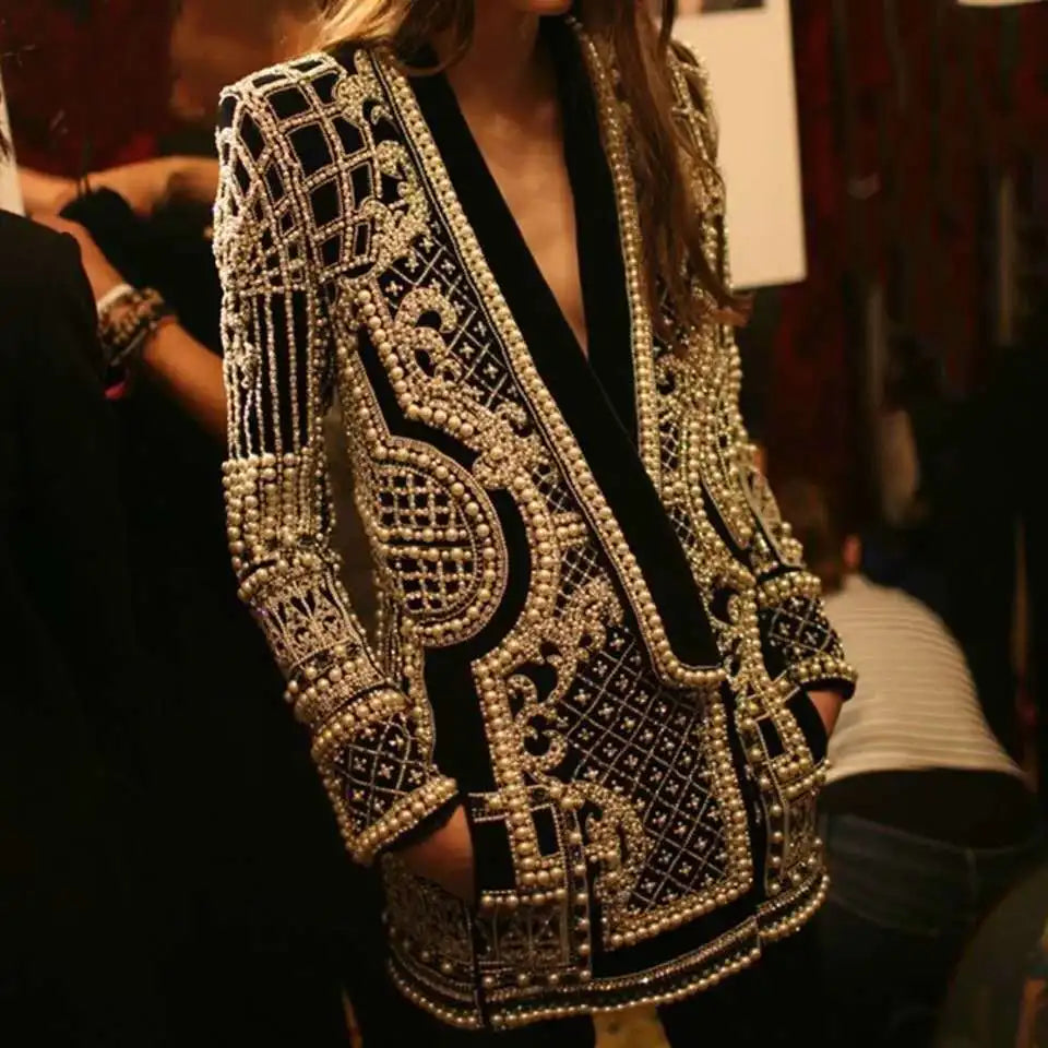 Ocstrade 2024 New Arrivals Spring Fashion Printed Luxury Heavy Beaded  Deep V Neck Long Sleeve Women Tops Women Blazers