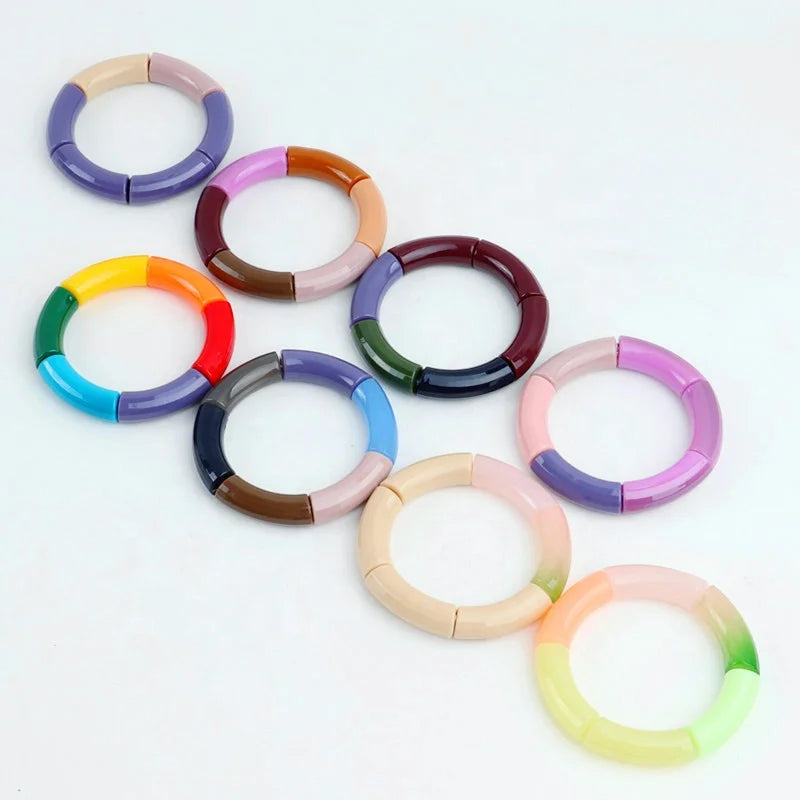 Summer Multicolored Acrylic Curved Bamboo Bracelets Bohemian Adjustable Tube Beads Bracelets Bangles Women Wholesale Wristband