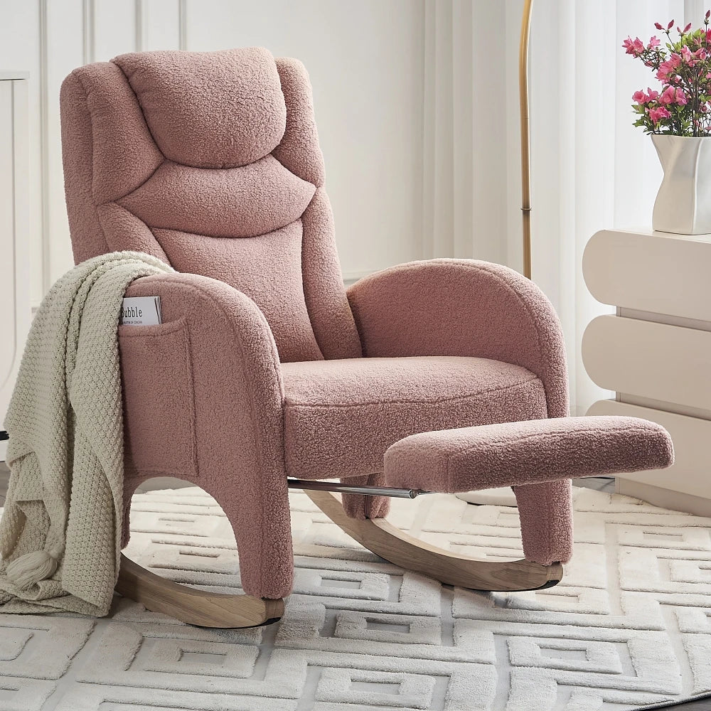Adjustable Modern Glider Rocking Chair for Nursery Teddy Ivory Solid Wood Comfortable Footrest Home Furniture for Living Room