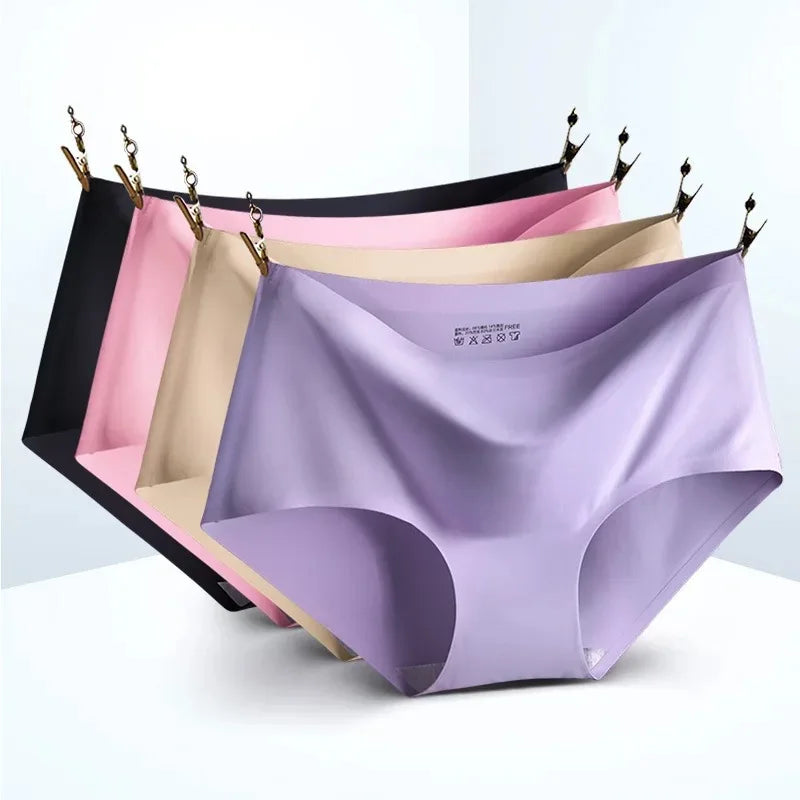 High Quality Women's Ice Silk Underwear Seamless Laser Cut Panties Bow Decoration Comfortable Knitted Color Solid Factory Direct